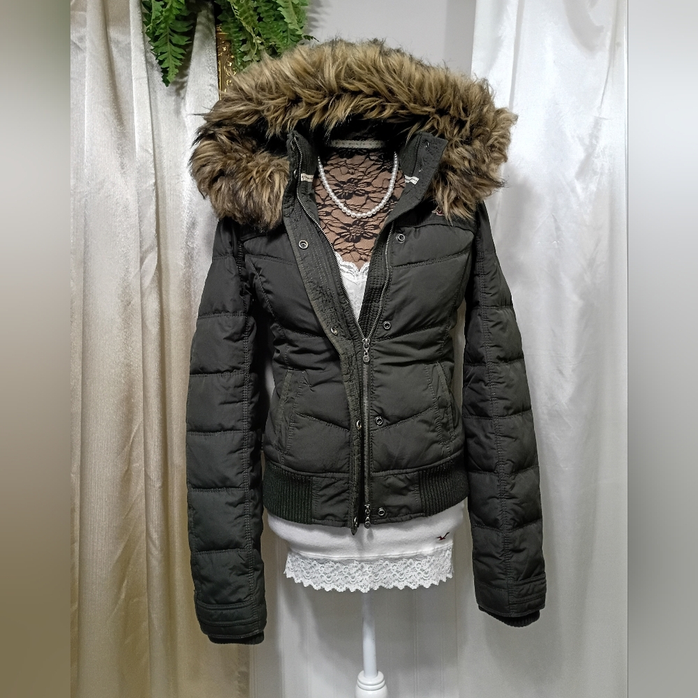 ♡ Y2K ♡ Hollister Green Fur Lined Down Puffer Coat Hooded Winter Jacket